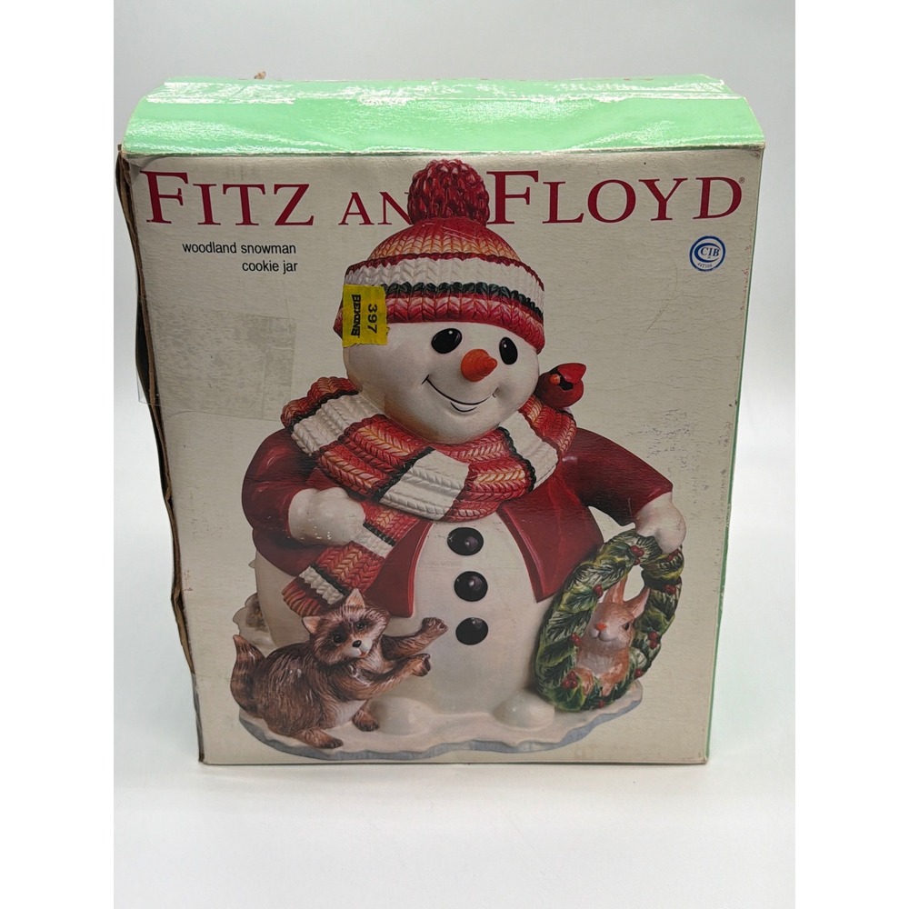 Fitz and Floyd Woodland Snowman Cookie Jar Christmas Ceramic with Box 2003
